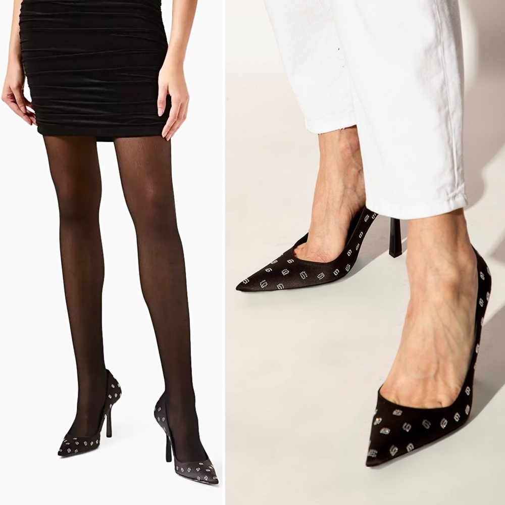 Alexander Wang Delphine Black Satin Crystal Logo Stiletto Pumps Heels 4” 39.5 - Picture 13 of 16